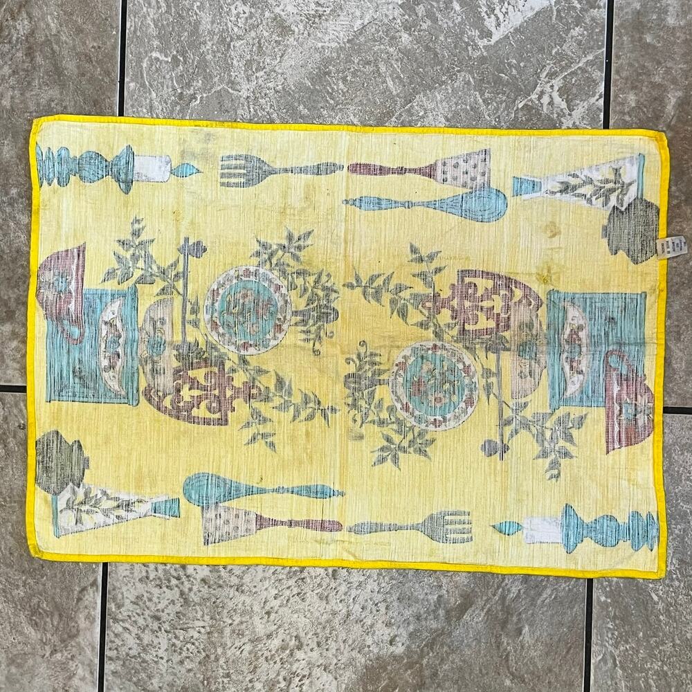 Vintage Parisian Prints Kitchen Tea Towel 1960s-70s Yellow Cotton Nylon Retro - Picture 4 of 12